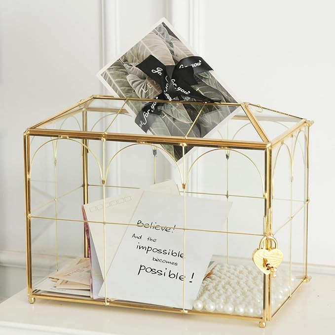 Glass Card Box with Slot, 10.2 inch Large Gold Clear Card Box for Wedding Receptions, Decorative ... | Amazon (US)