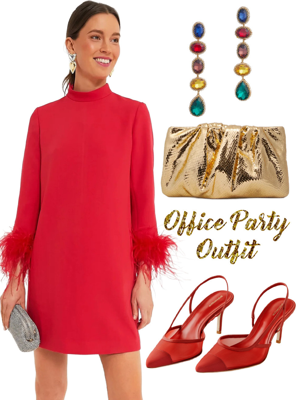 Office party outfit is a tricky selection: you don't want to skip from your professional image yet want to reflect your style sense. I recommend you to go bold with the accessories, instead of the dress itself. This red, long sleeve elegant dress lets us to keep the rest festive! #partydress #party #holidayparty  

 #LTKHoliday #LTKParties #LTKStyleTip