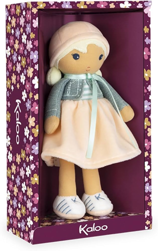 Kaloo Tendresse My First Fabric Doll Chloe K 9.75” Medium Soft Plush Figure in Peach and Striped Dress, Denim Jacket and Blonde Hair with Embroidered Face Machine Washable for Ages 0+, K963659 | Amazon (US)
