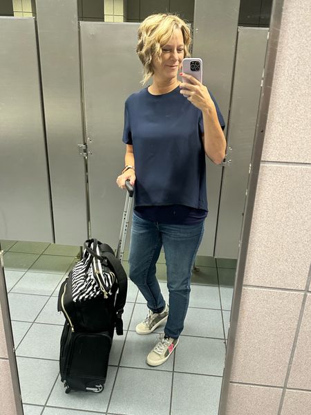 Monochromatic #traveloutfit with jeans that are long enough!! I’m 5’8” and size 10. These Wit & Wisdom jeans pull tummy in. Backpack is the laptop 15.6 version and tts shoes available 2 years later from sizes 7-9. Layered tops for in between seasons. Silk tee is LILYSILK. #sneaker #airportstyle #airportoutfit 

#LTKtravel #LTKSeasonal #LTKshoecrush