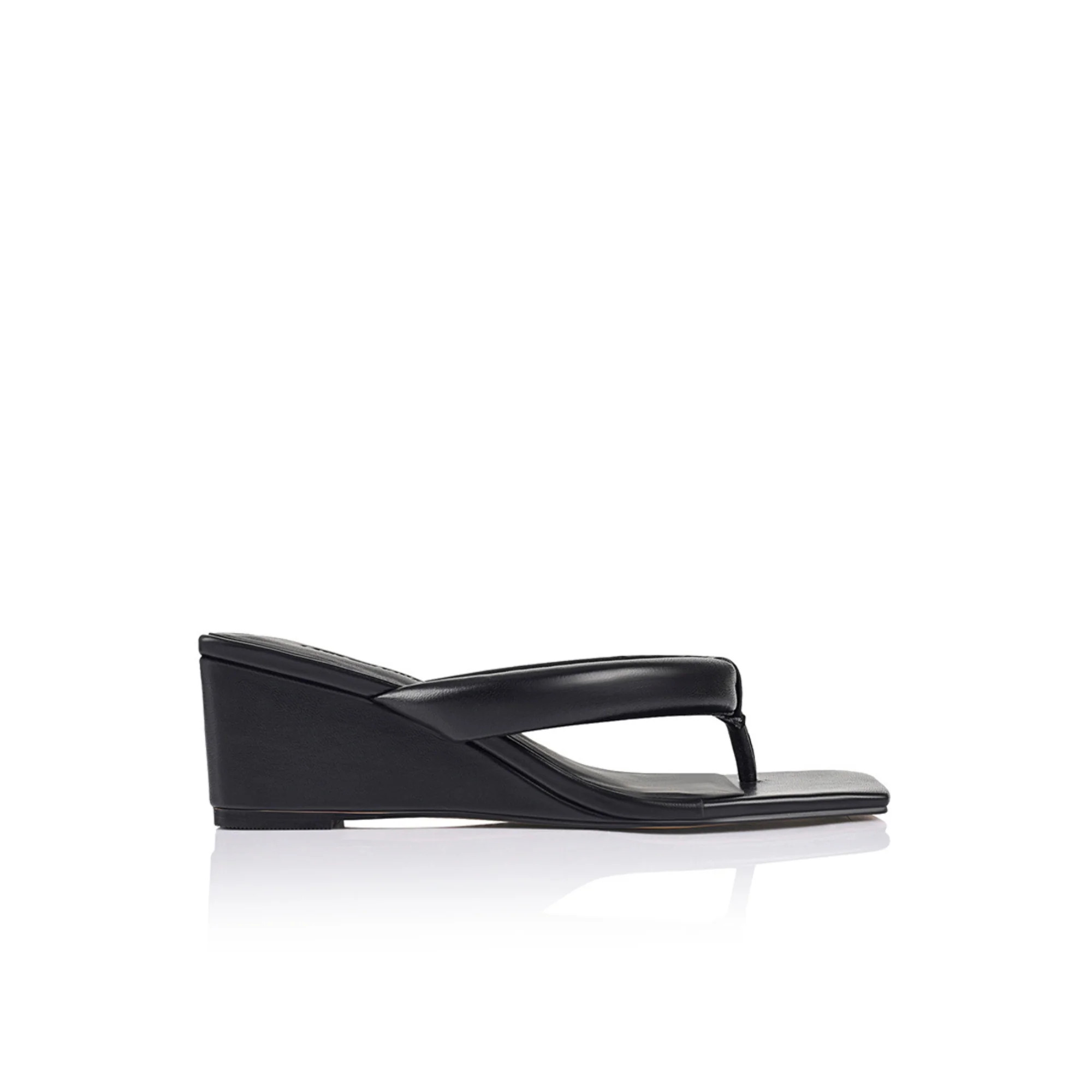 Mandy Thong Wedge Sandal Black Leather | Lana Wilkinson
