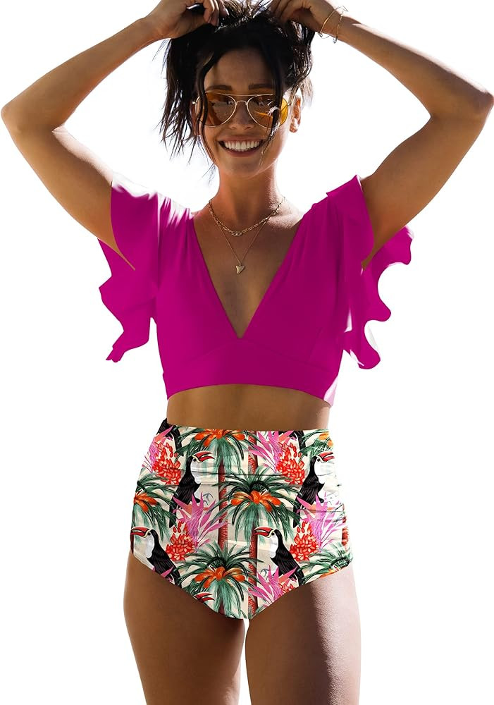 SPORLIKE Women Ruffle High Waist Swimsuit Two Pieces Push Up Tropical Print Bikini | Amazon (US)