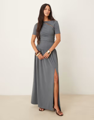 ASOS DESIGN premium cut out ruched drop hem maxi in slate grey | ASOS (Global)