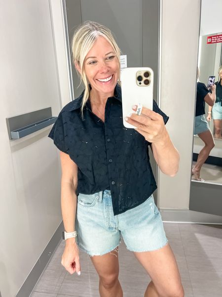 Love this black short sleeve I wet button-down top with light wash jean shorts. Size extra small top and size 2 shorts. Target style target circle week.

#LTKsalealert #LTKxTarget #LTKover40