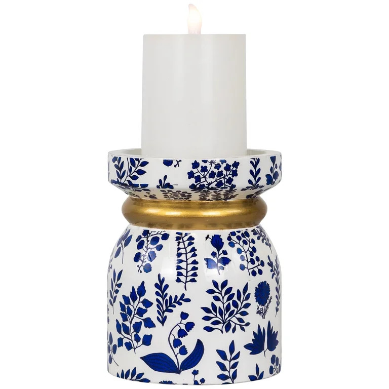 Floral Wooden Candle Holder - 6" - White and Blue | Walmart (US)