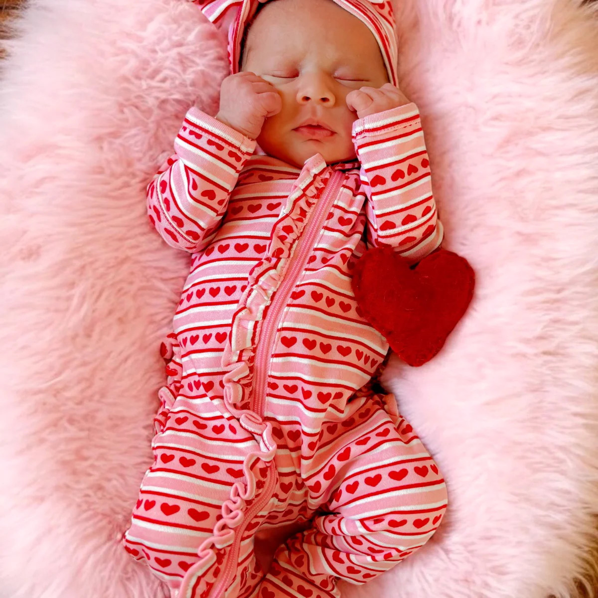 Valentine Stripe / Organic Frill Zip Footie | SpearmintLOVE