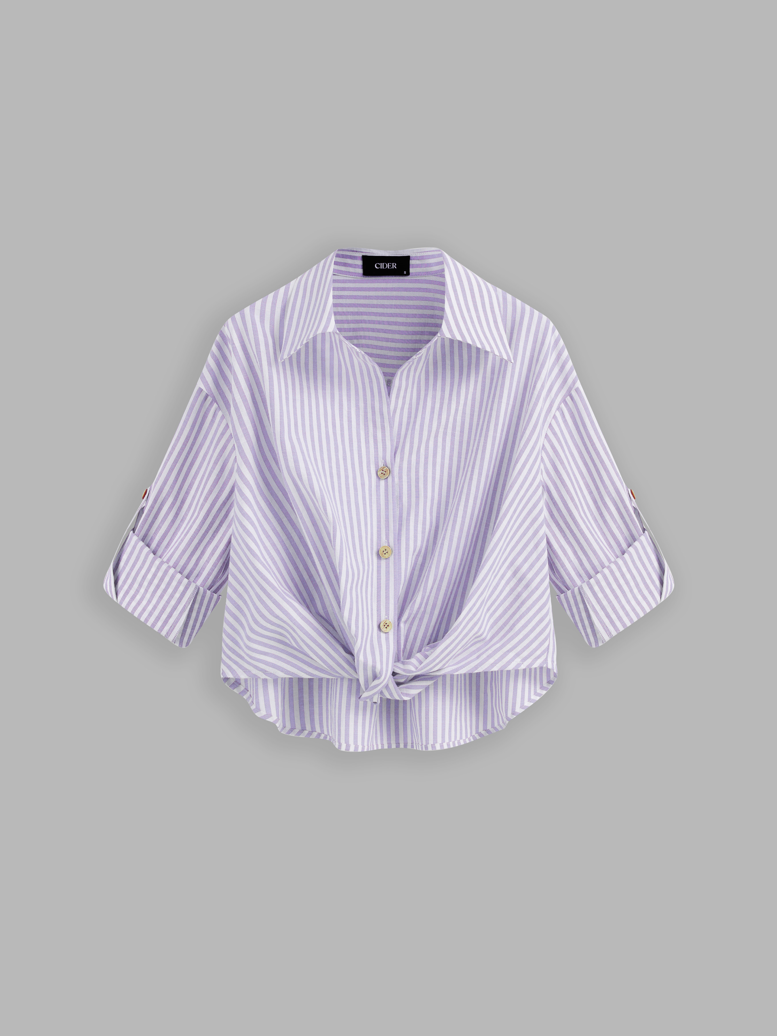 Woven Cotton Cotton-blend Collar Striped Knotted Roll-up Long Sleeve Shirt For Work | Cider
