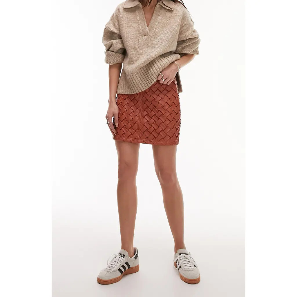 Topshop Weave Faux Leather Miniskirt in Orange at Nordstrom, Size 14 Us | Nordstrom