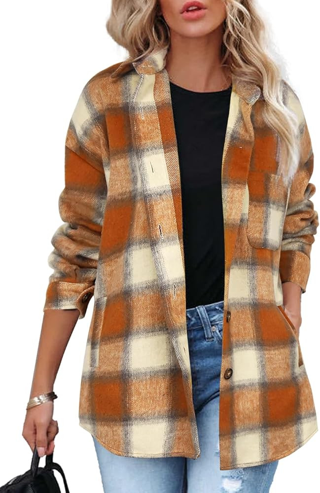Beaully Women's 2025 Fall Clothes Plaid Shacket Jacket Long Sleeve Button Down Flannel Shirts Fas... | Amazon (US)