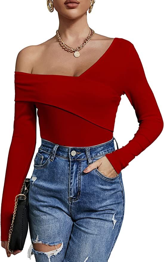 Women's Sexy Off The Shoulder Tops Long Sleeve Cross Wrap Ribbed Knit Tee Shirt Blouse | Amazon (US)