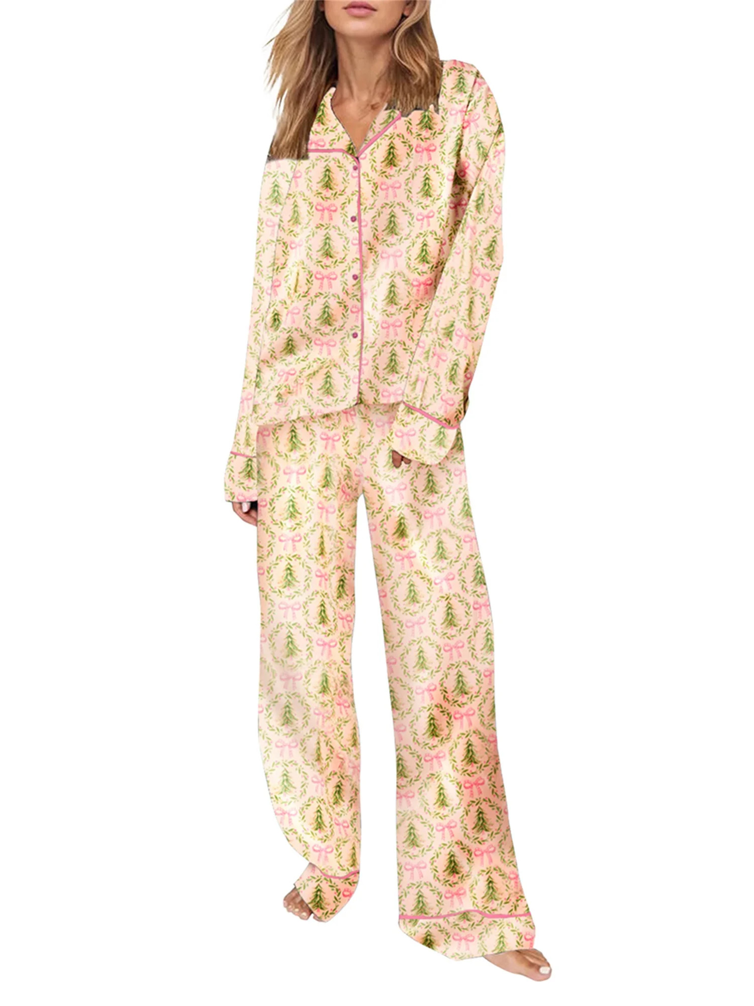 Rdhnmea Women Christmas Pajamas Set 2 Pieces Loungewear Suits Bow/Santa/Tree Print Long Sleeve Sh... | Walmart (US)