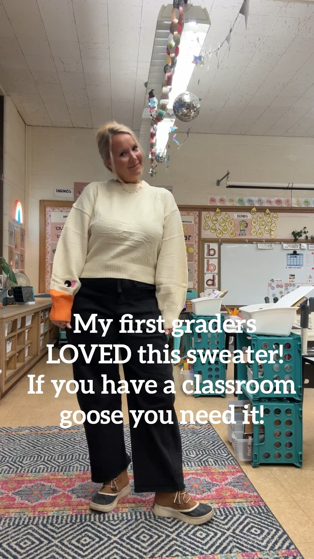 The cutest sweater with a “goose” sleeve! My first graders lost their minds because we have a classroom goose named “Goldie!” 🪿💕 Black pants are a boutique brand so I couldn’t link! 

#LTKootd #LTKgrwm #LTKdayinmylife