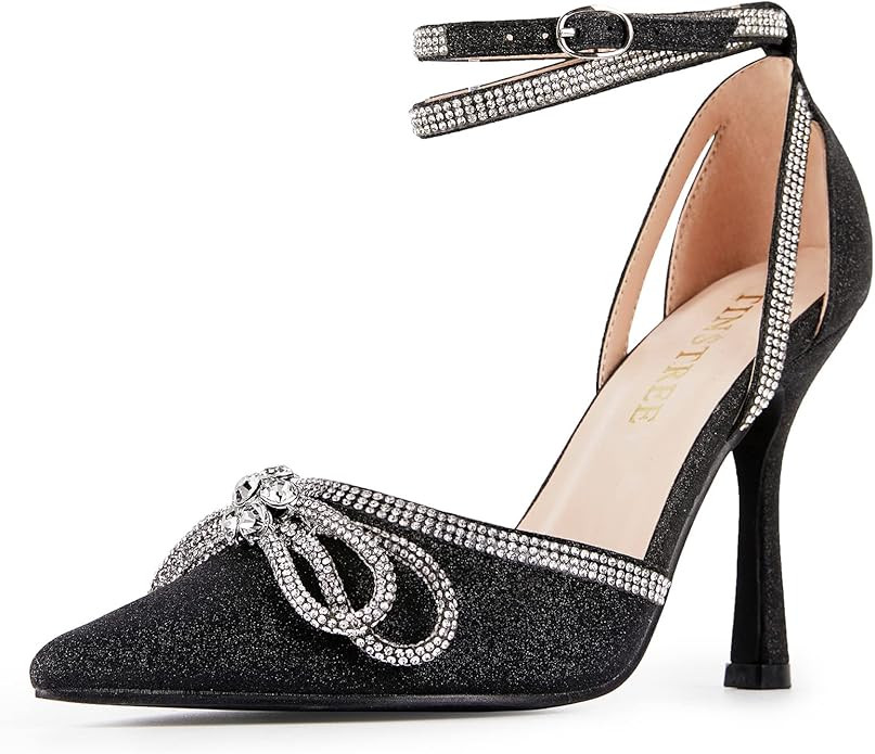TINSTREE Women's Rhinestone Ankle Strap Heeled Sandals Pointy Toe Stilettos High Heels Pumps Lace... | Amazon (US)