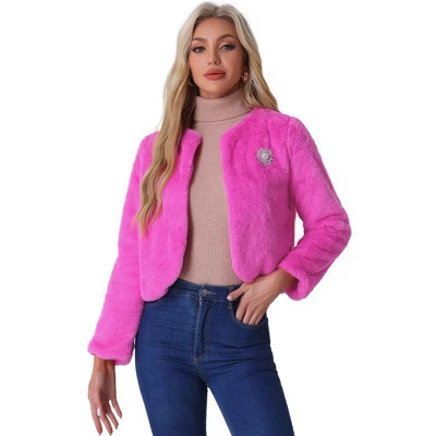 INSPIRE CHIC Women's Winter Open Front Short Faux Fur Jacket Large Hot Pink | Target