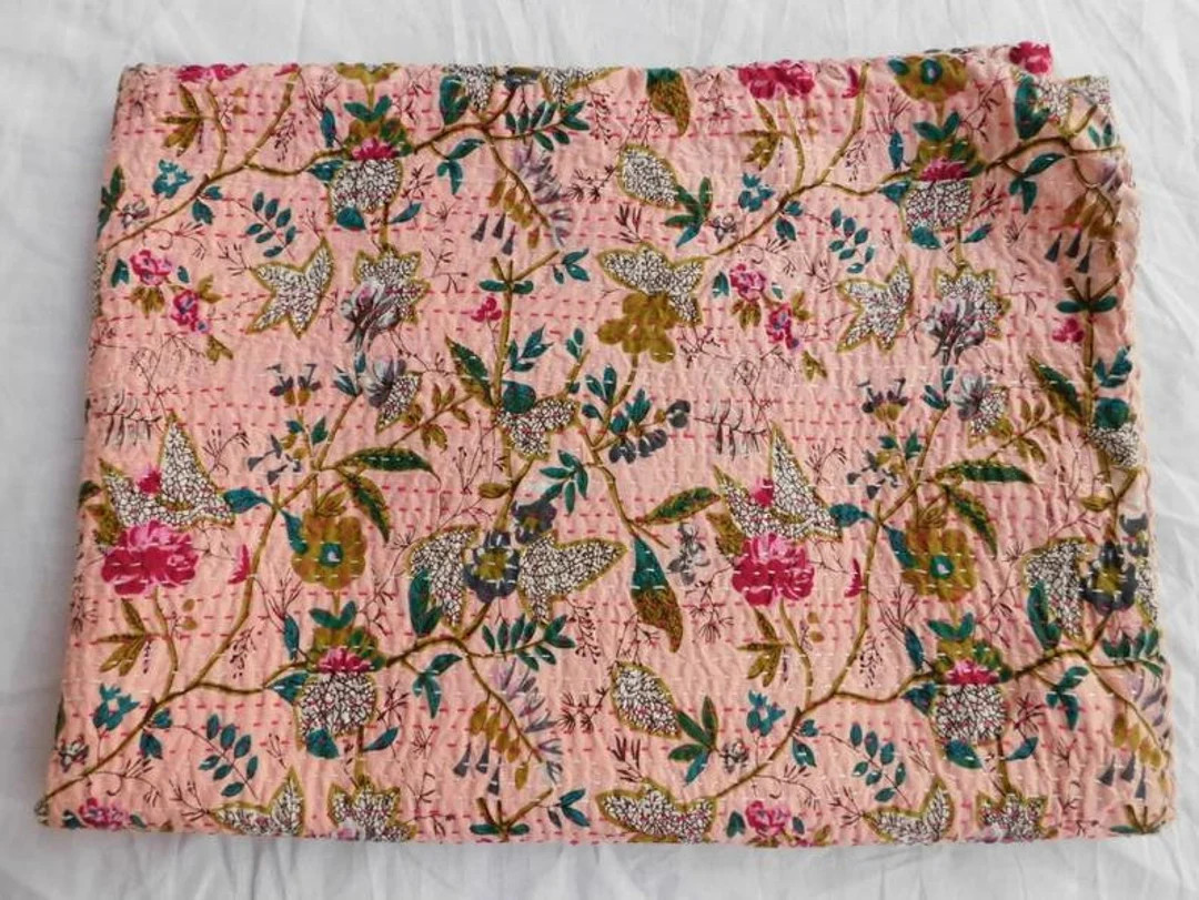 King Size Kantha Quilt Indian Kantha Quilt, White Cotton Blanket Handmade Bedspread Hand Block Pr... | Etsy (US)
