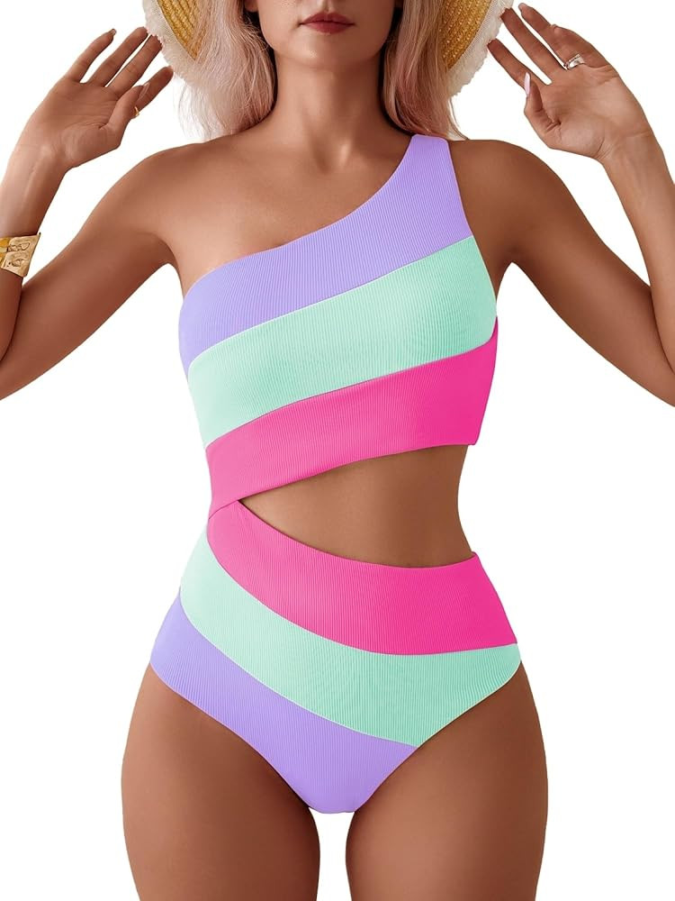 Women's One Shoulder One Piece Swimsuit Sexy Neon Color Block Bathing Suit Modest Full Coverage C... | Amazon (US)