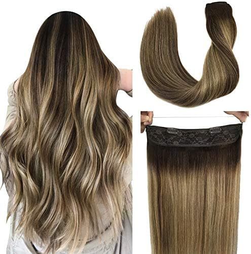DOORES Halo Hair Extensions Human Hair Balayage Chocolate Brown to Honey Blonde 16 Inch 80g Real ... | Amazon (US)