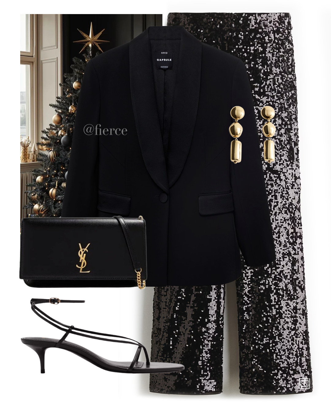 Christmas party sequinned trousers black heeled strappy sandals black ysl bag gold statement earrings black blazer 

 #LTKuk #LTKwinter #LTKfestive
