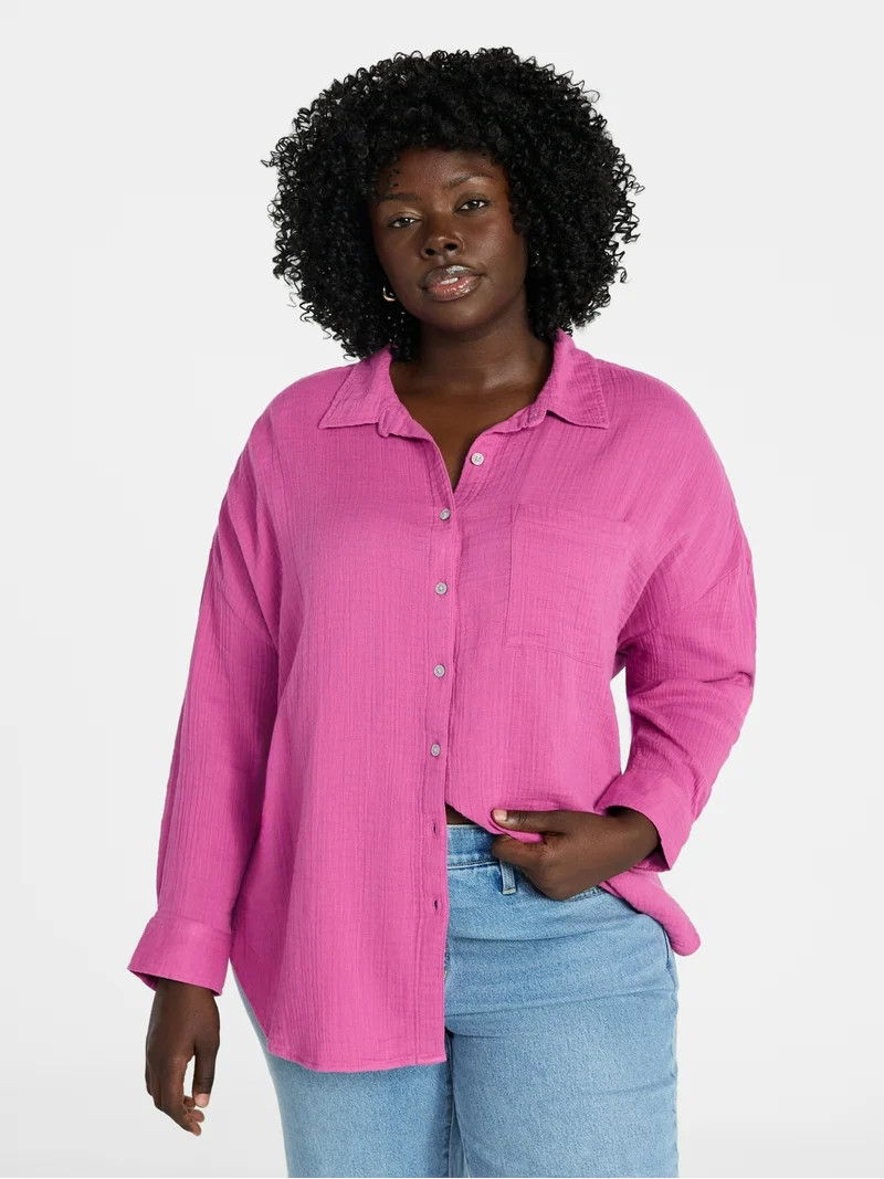 Terra & Sky Women's Plus Size Double Cloth Boyfriend Shirt, Sizes 0X-5X | Walmart (US)