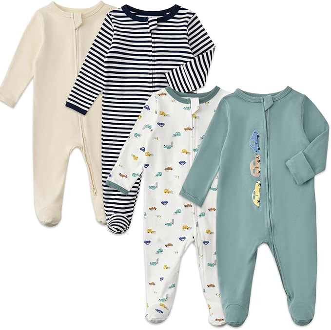 Aablexema Baby Pajamas with Mitten Cuffs Zipper 4-Pack Infant Newborn Cotton Long Sleeve Footie O... | Amazon (US)