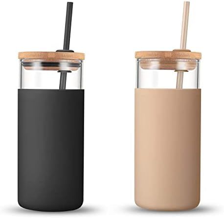 tronco 20oz Glass Tumbler Straw Silicone Protective Sleeve Bamboo Lid - BPA Free(Black Amber) | Amazon (US)