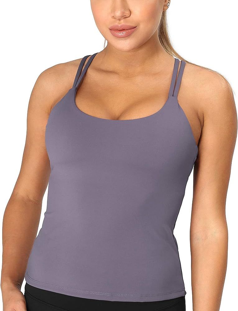 icyzone Padded Workout Tank Tops for Women - Strappy Yoga Crop Tops with Built in Bra 2 in 1 | Amazon (US)