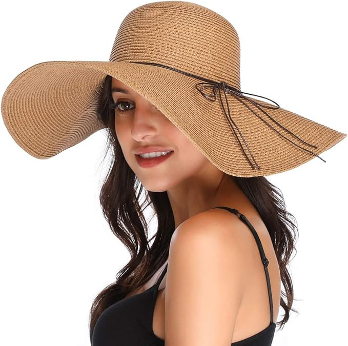Lanzom Womens Wide Brim Straw Hat Big Floppy Foldable Roll up Cap Beach Sun Hat UPF 50+ | Amazon (US)
