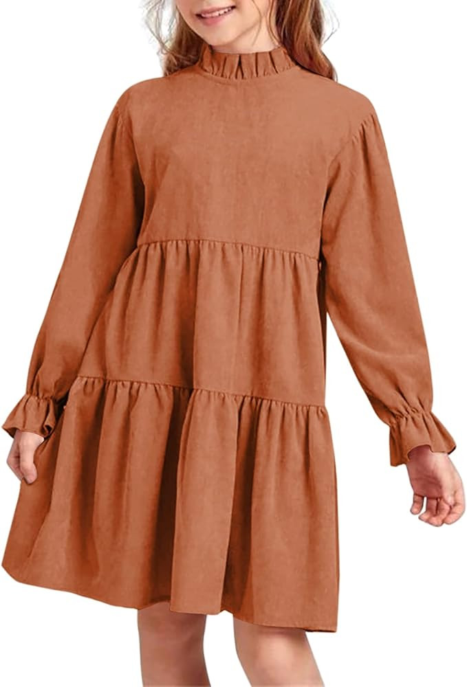 Girls Casual Long Sleeve Midi Dress Ruffle Collar Tiered Loose A Line Patry Dress 5-14 Years | Amazon (US)