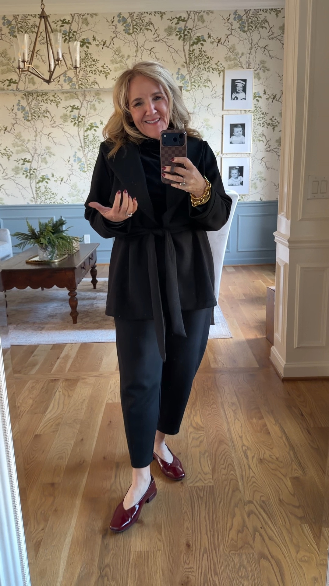 @spanx air essentials barrel pant and shimmer jacket. Pants size medium petite jacket size medium 
Stretch velvet turtleneck size up! I’m wearing a large. 
New flats that are so cute so comfy. Tts. Check out the Anthropologie sale! 

New Year’s Eve outfit holidays at home elevated loungewear 

#LTKOver40 #LTKHoliday #LTKSaleAlert