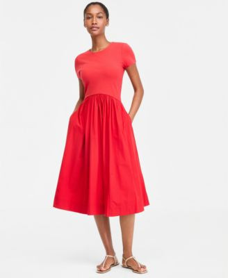 Women's Short-Sleeve Curved-Waist Mixed-Media Midi Dress | Macy's