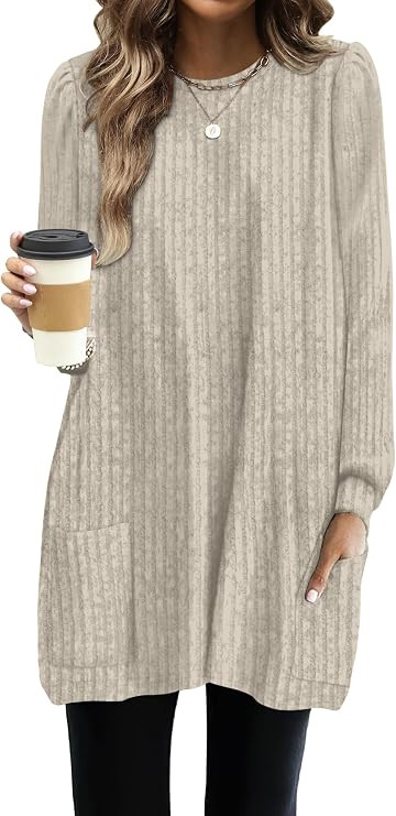 OFEEFAN Long Sleeve Shirts for Women Long Sweaters with Pockets Tunic Tops Loose Fit | Amazon (US)