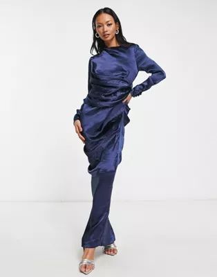 ASOS DESIGN satin high drape neck maxi dress with long sleeves in navy | ASOS (Global)
