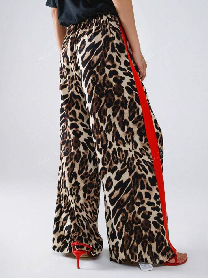 Women Leopard Patchwork Contrast Color Casual Loose Fit Pants, Suitable For Vacation Outfits | SHEIN