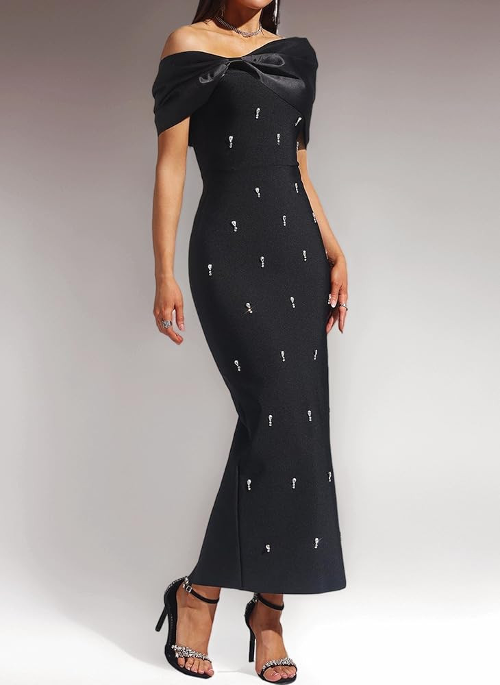 BELLA BARNETT Sleeveless One Shoulder Diamond Bow Bandage Dress Maxi Rhinestone Evening Formal Pa... | Amazon (UK)