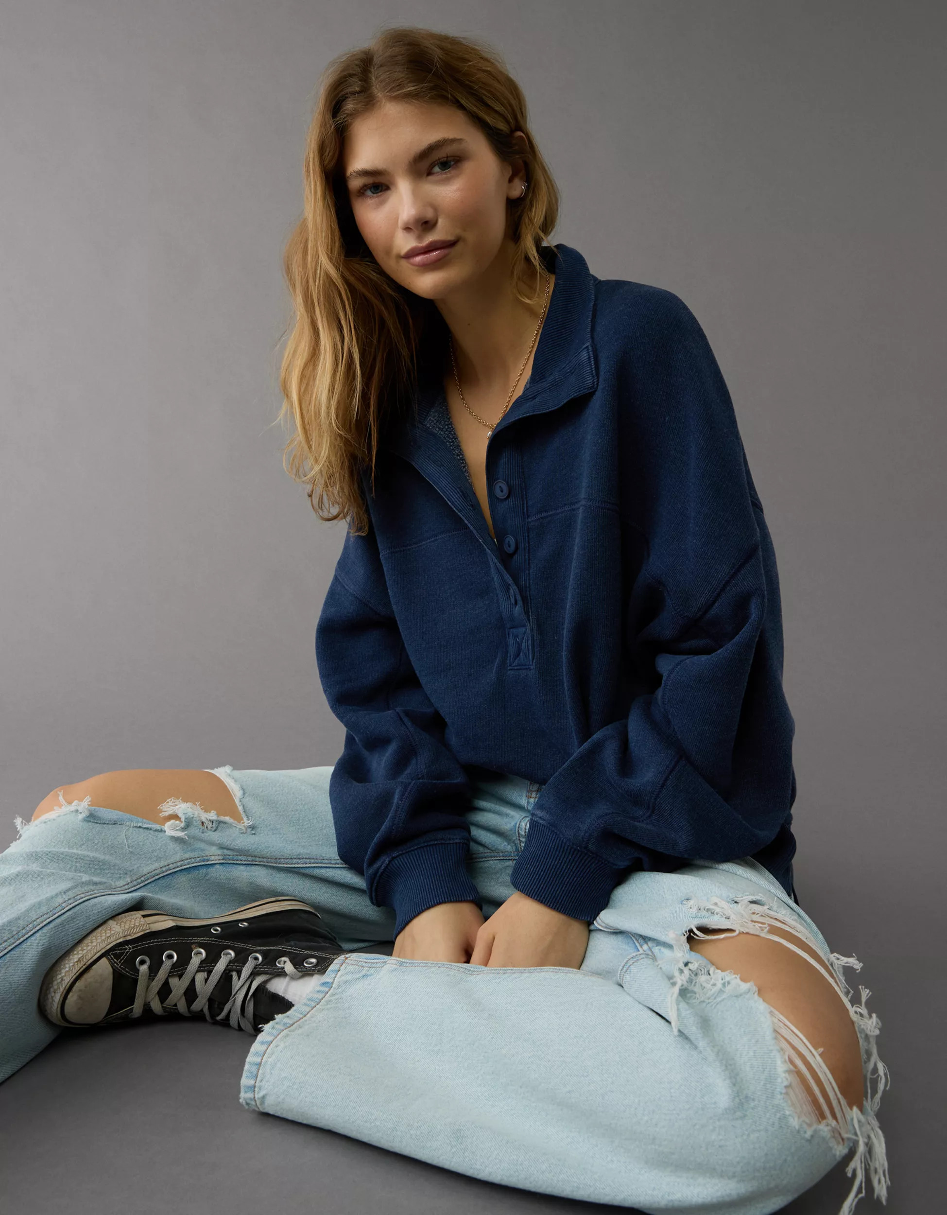 AE Big Hug Henley Sweatshirt | American Eagle Outfitters (US & CA)