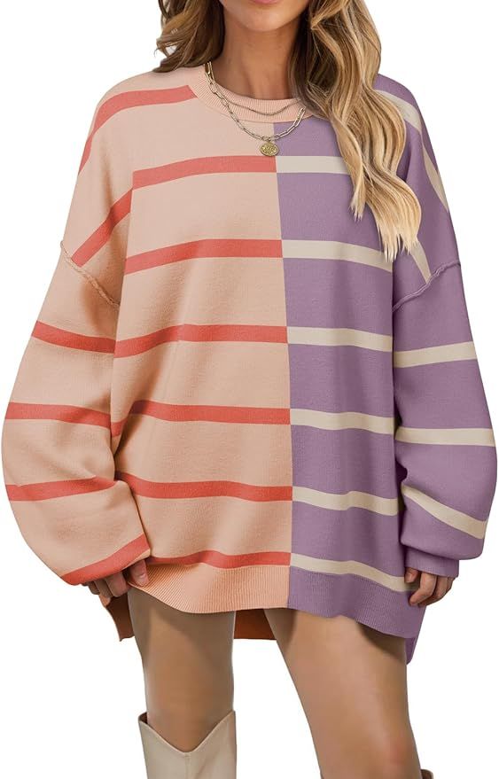 MEROKEETY Women's 2023 Striped Oversized Sweater Long Sleeve Color Block Casual Knit Pullover Top | Amazon (US)