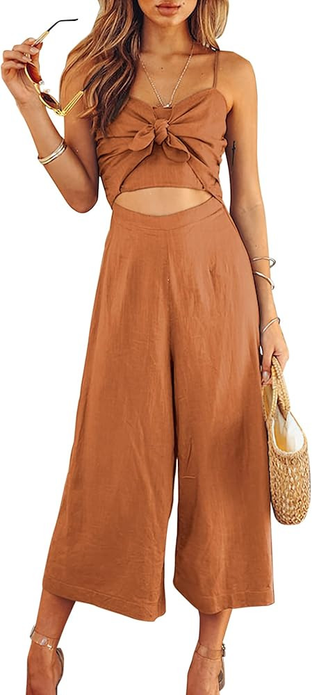 AVIVATINO Women's Summer Spaghetti Straps Tie Knot Cutout Smocked Shirred Back High Waist Wide Leg J | Amazon (US)