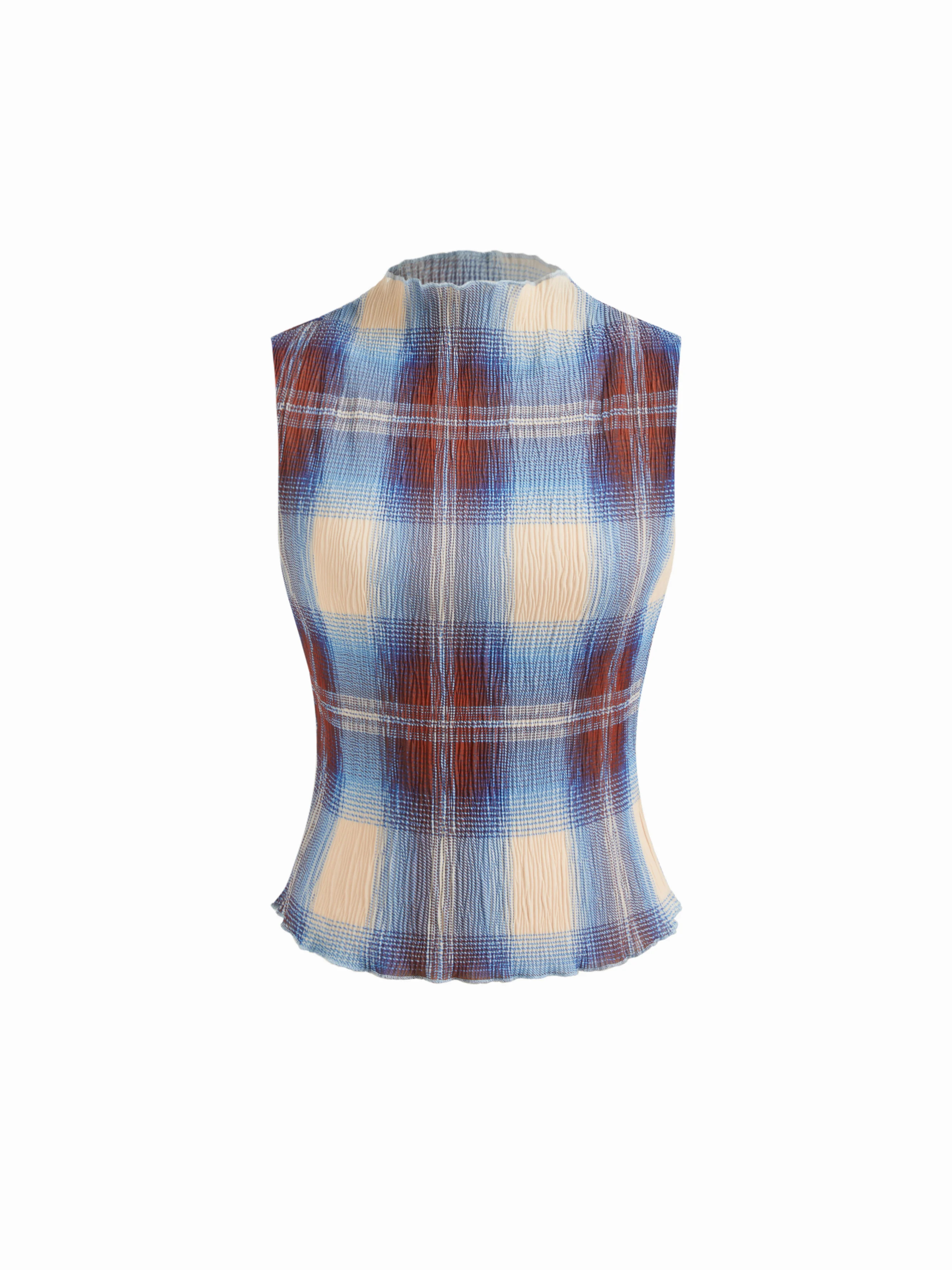 Woven High Neck Plaid Texture Lettuce Trim Tank Top For Work | Cider