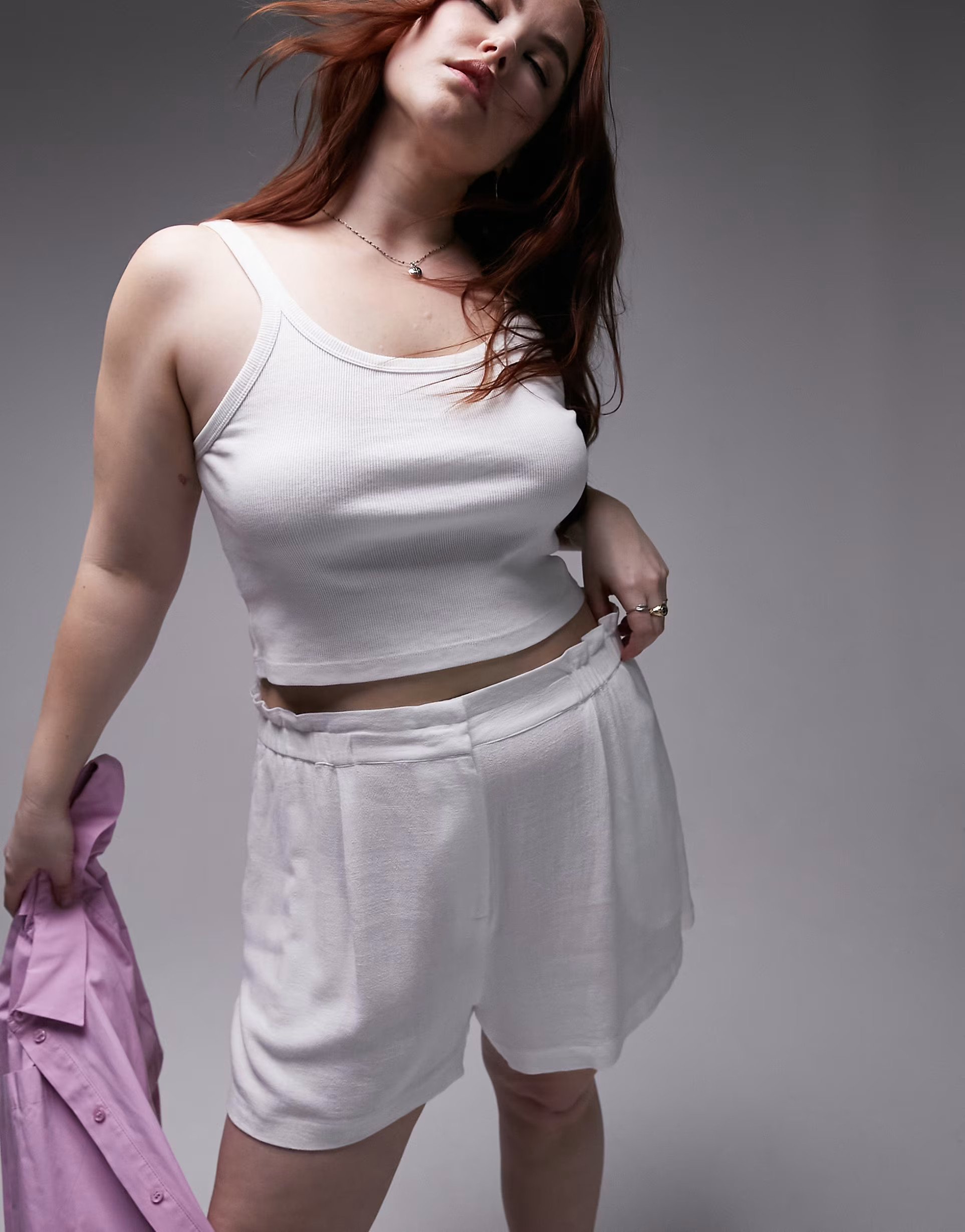 Topshop Curve high waist smart linen short in white | ASOS (Global)