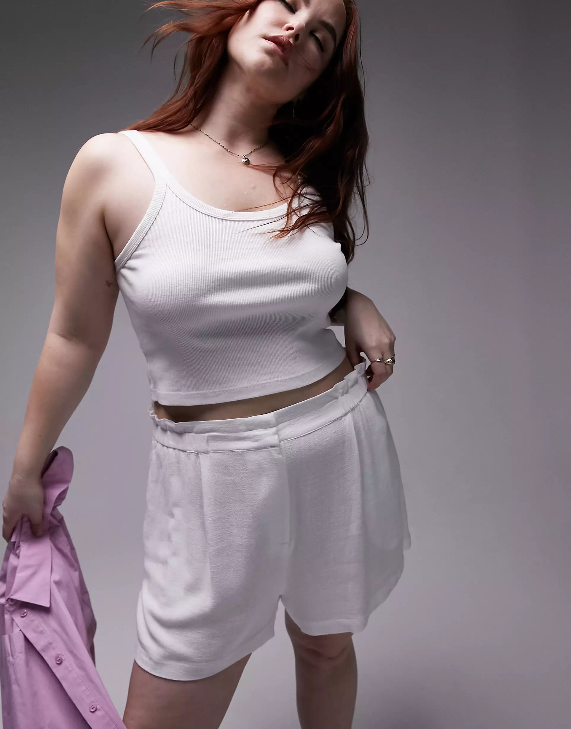 Topshop Curve high waist smart linen short in white | ASOS (Global)