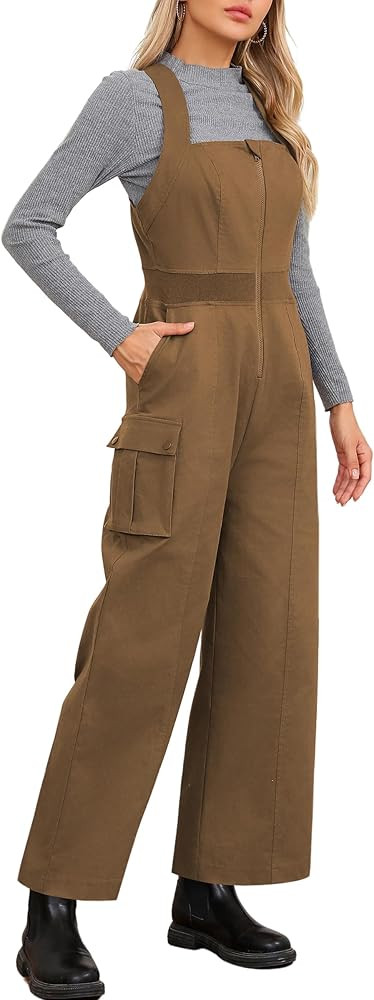 ECOWISH Women Cargo Pants Overalls: Sleeveless Straps Zipper Wide Leg Jumpsuit Casual Loose Cotto... | Amazon (US)