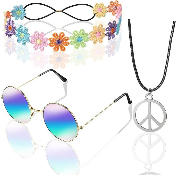 WILLBOND Hippie Costume Accessories for Women Peace Sign Necklace Headband Hair Wreath Sunglasses... | Amazon (US)