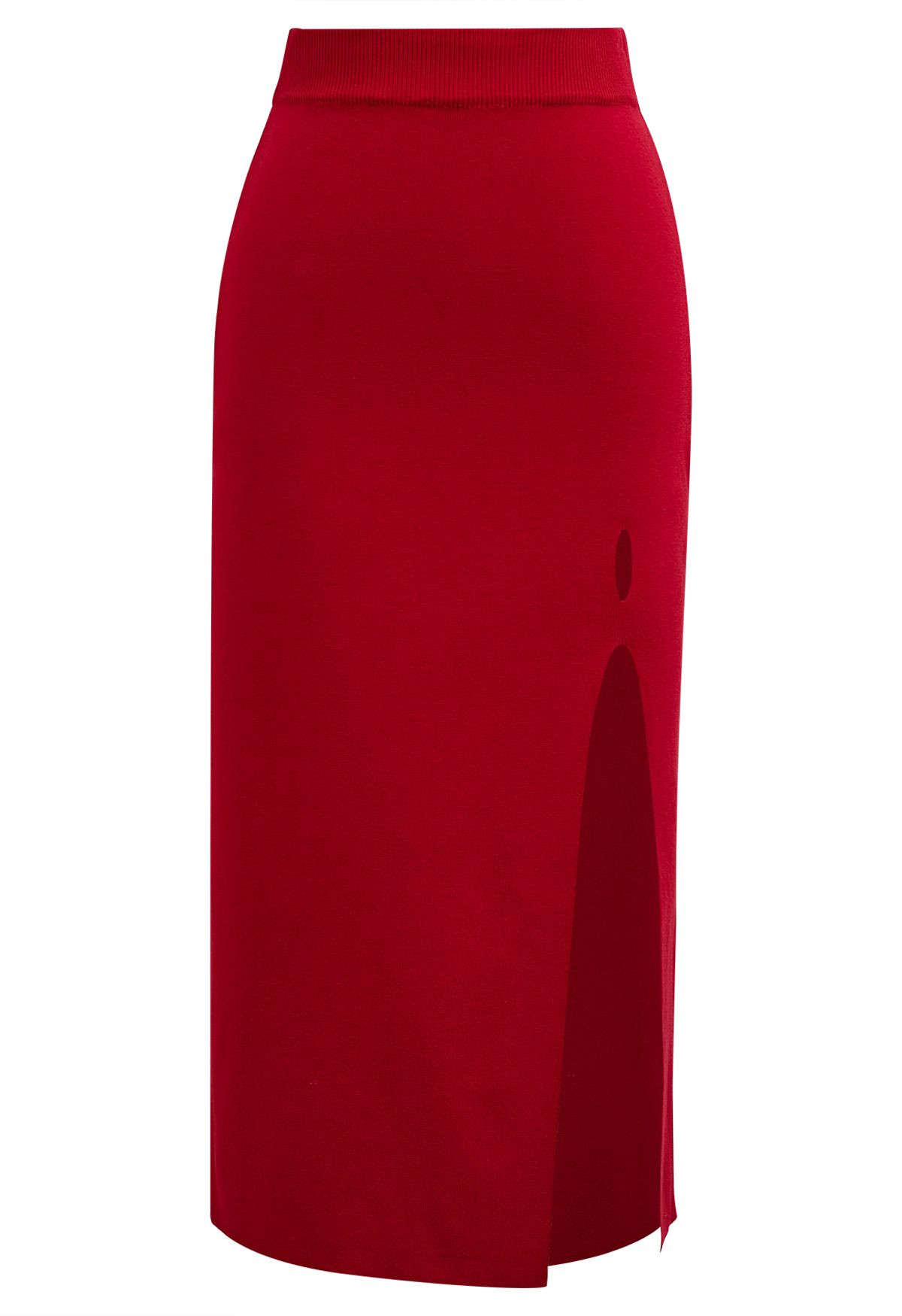 Cut Out Side Slit Knit Midi Skirt in Red | Chicwish