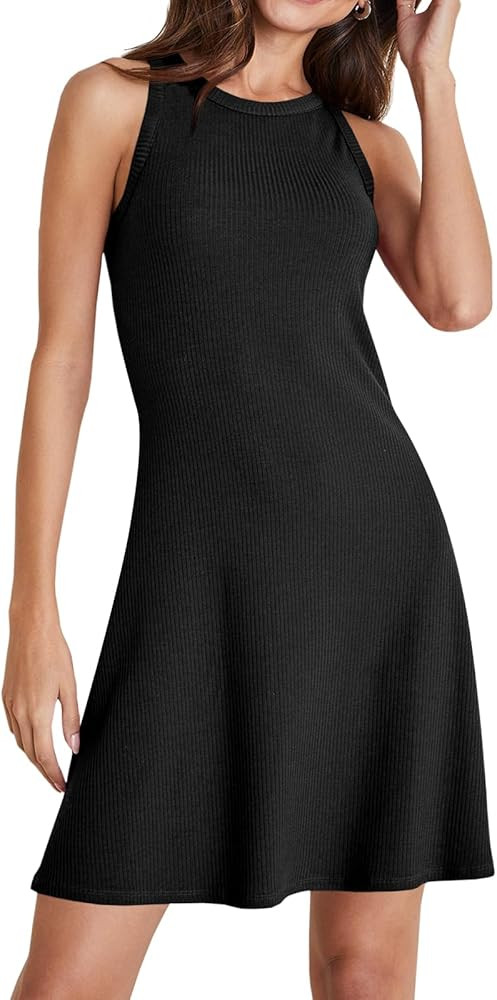 Wenrine Womens Summer Casual Tank Dress Ribbed Knit Sleeveless Crewneck A Line Mini Dresses | Amazon (US)