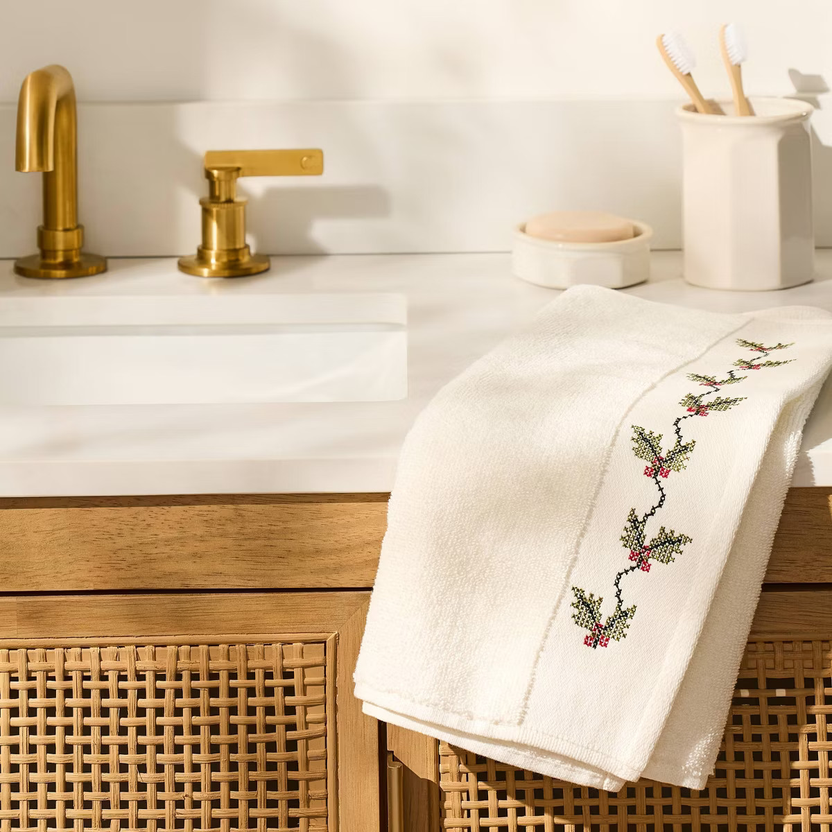 Christmas Holly Cross Stitch Hand Towel - Hearth & Hand\u2122 with Magnolia | Target