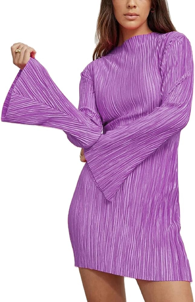 Women Pleated Mini Dress Flare Long Sleeve Bodycon Plisse Short Dress Sexy Party V Neck Tunic Top... | Amazon (US)