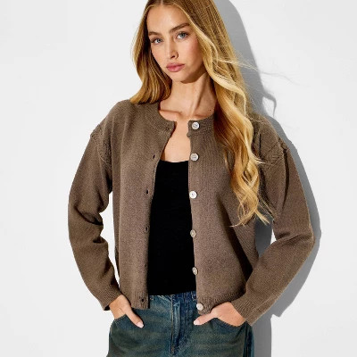 Women's Crewneck Cable Trim Cardigan - Wild Fable™ Brown M | Target