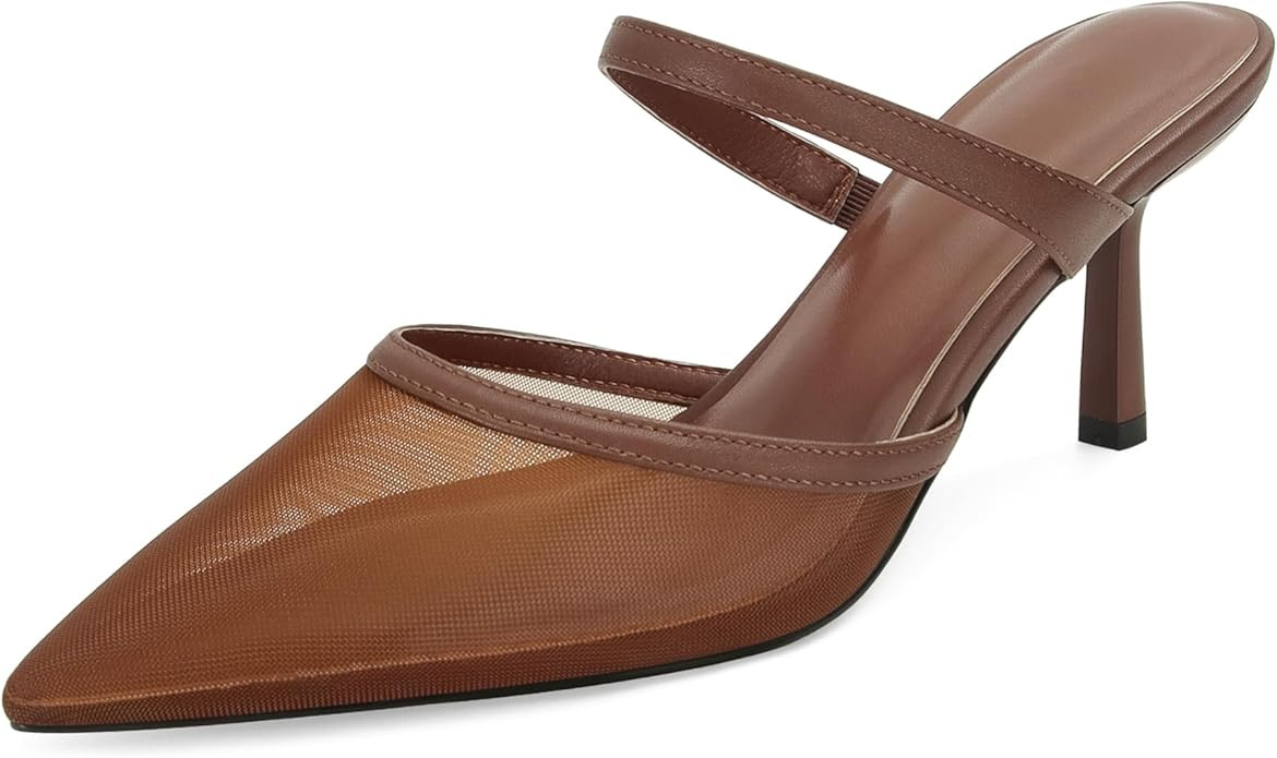 Mesh Kitten Heels Mules for Women Pointed Closed Toe Dressy Sexy Strappy Slip on Stiletto Low Hee... | Amazon (US)