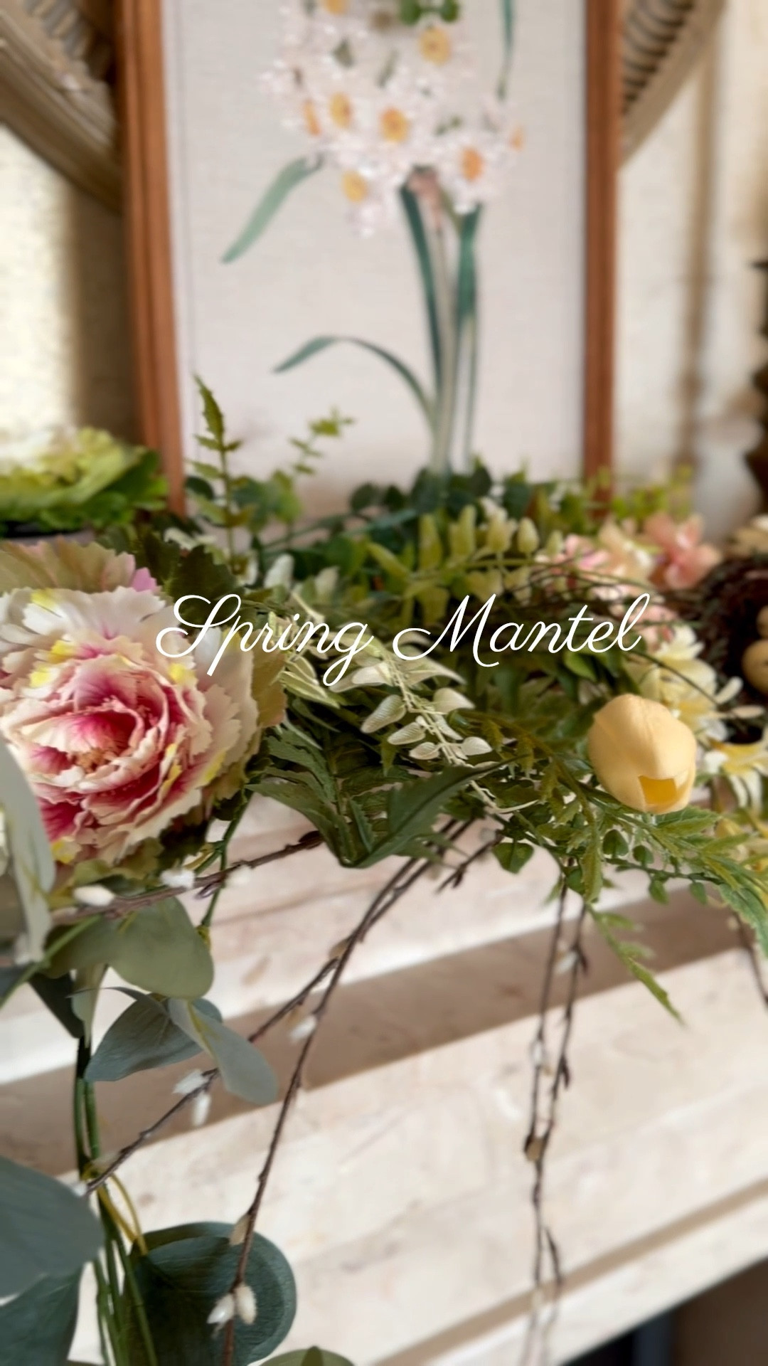 Spring living room mantel decor, Easter decorations, faux tulips, cabbage, @Michaels faux flowers, spring decorations 

#LTKspring #LTKHome #LTKSaleAlert