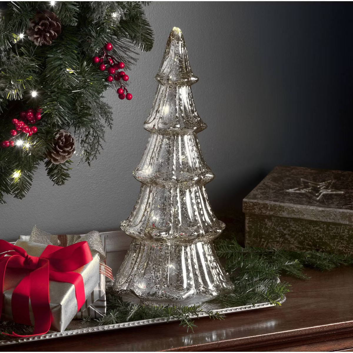 Faux Pre-Lit LED Mercury Glass Christmas Tree Decorative Holiday Scene Props Silver - Haute Déco... | Target